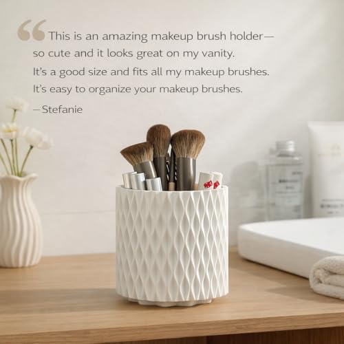 White Makeup Brush Holder, 360° Rotating Makeup Organizer | 5-slot spinning organizer for vanity, bathroom & desk — holds 30-50 makeup brushes, lipstick, hair brush & art supplies - style: White