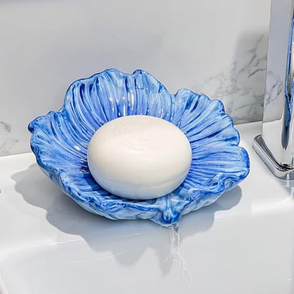 Self Draining Ceramic Soap Dish, Flower Shaped Soap Holder for Bathroom with Stable Base, for Kitchen Countertop, Bathroom Sink, Shower, Keeps Soap Dry, Decorative Soap Holder (Flower-Blue)