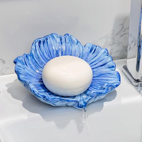 Self Draining Ceramic Soap Dish, Flower Shaped Soap Holder for Bathroom with Stable Base, for Kitchen Countertop, Bathroom Sink, Shower, Keeps Soap Dry, Decorative Soap Holder (Flower-Blue)