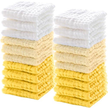 20 Pcs Baby Muslin Washcloth 12 x 12 Inch 100% Cotton Soft and Absorbent Muslin Washcloth Burp Cloth Wipe Newborn Face Towel for Baby Boy Girl Sensitive Skin(White, Light Yellow, Yellow) - color: White, Light Yellow, Yellow