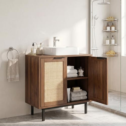 24-inch Pedestal Sink Storage Cabinet, Under Sink Cabinet (Brown) | U-Shaped Cut-Out | 2 Rattan Doors & Shelf | Solid Metal Legs - color: Brown