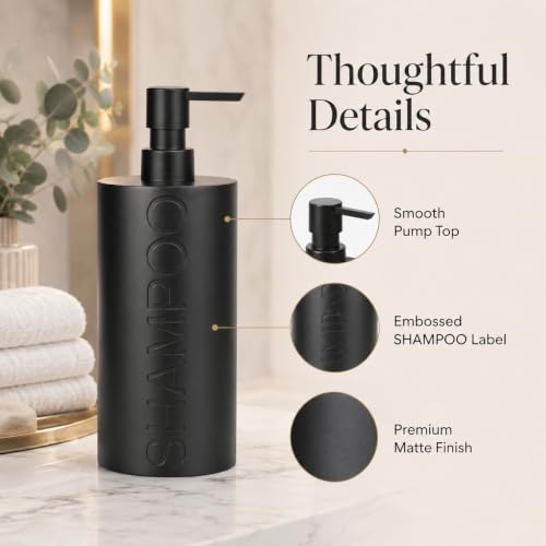 Matte Black Shampoo Dispenser Modern Refillable Pump Bottle with Embossed Text, Durable Resin Construction for Bathroom and Kitchen - color: Shampoo Black