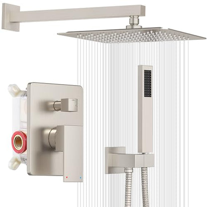 ESNBIA Shower System,10 Inches Shower Faucet Set with Pressure Balance Valve, Rain Shower Head with Handheld Spray Combo, Brushed Nickel - color: Brushed Nickel, style: 10 Inches