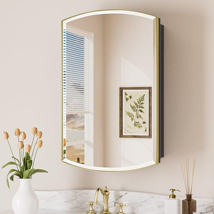 Keonjinn Medicine Cabinet 16 x 26 Inch, Surface Mount or Recessed Cabinets with Mirrors, Gold Metal Framed Wall Mirror with Storage, 2 Adjustable Shelves, Beveled Edge Frame | Adjustable Shelves, Different Curved Frame Design, Wall Mirror with Storage, Su