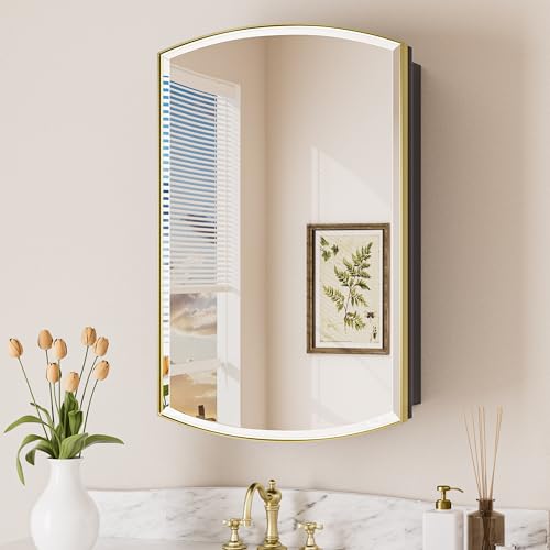 Keonjinn Medicine Cabinet 16 x 26 Inch, Surface Mount or Recessed Cabinets with Mirrors, Gold Metal Framed Wall Mirror with Storage, 2 Adjustable Shelves, Beveled Edge Frame | Adjustable Shelves, Different Curved Frame Design, Wall Mirror with Storage, Su