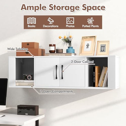 GIANTEX Wall Mounted Storage Cabinet 2 Cube Floating Media Hanging Desk W/2 Doors and 2 Open Shelves, Home Office Furniture for Kitchen, Bathroom, Living Room Floating Console Hutch (White) - color: White