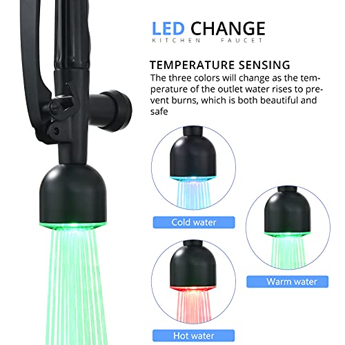 Fapully Black Kitchen Faucet with Pull Down Sprayer,Commercial LED Kitchen Faucet,Single Handle Single Hole Kitchen Sink Faucets - color: Matte Black, style: Modern