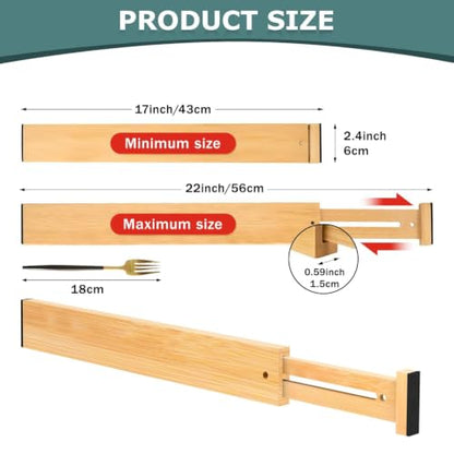 Kitchen Drawer Dividers 4 Pack Adjustable Bamboo Drawer Organizer | 17-22" Adjustable, Spring Loaded, Expandable Utensil Organizer, Works in Kitchen, Dresser, Bathroom, Bedroom, Closet