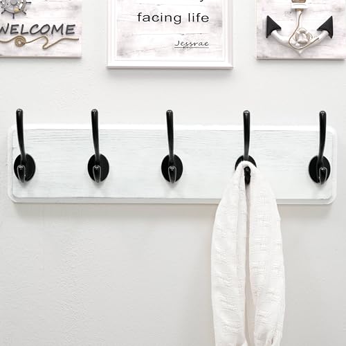 Coat Rack Wall: Patented, Heavy-Duty, 17.4" Long 5-Double-Hooks Wooden Wall Mounted Coat Rack Coat Hanger Hook Rail for Winter Coats Hat Jacket Clothing, White & Black - color: White & Black, size: L=17.4" (1pcs)