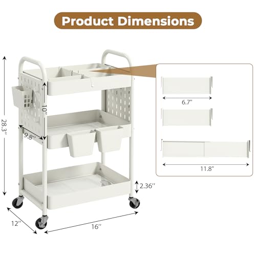 Craft Cart, Black Rolling Cart with Retractable Dividers & DIY Pegboards for Kitchen, Bedroom, Laundry - color: White