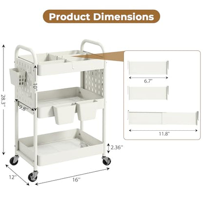 Craft Cart, Black Rolling Cart with Retractable Dividers & DIY Pegboards for Kitchen, Bedroom, Laundry - color: White