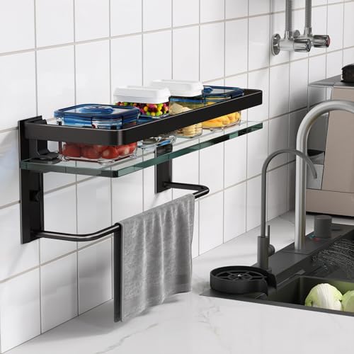 Bathroom Wall Shelf with Towel Bar, Clear Tempered Glass, Hand Towel Holder (Matte Black) - color: Black, size: Shelf with Towel Bar
