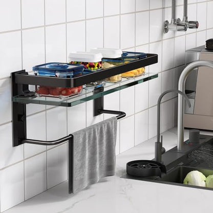 Bathroom Wall Shelf with Towel Bar, Clear Tempered Glass, Hand Towel Holder (Matte Black) - color: Black, size: Shelf with Towel Bar