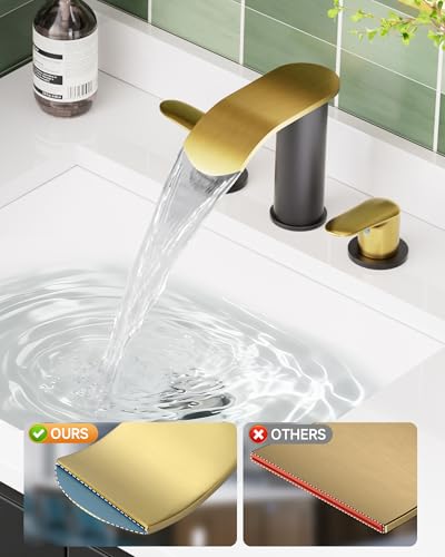 WOWOW Waterfall Bathroom Faucet 3 Holes 8Inch Widespread Bathroom Sink Faucet, Two Handles Lavatory Vanity Sink Faucets with Pop-up Drain & Supply Hoses, Modern Faucet Mixer Taps Black and Gold - color: Black and Gold