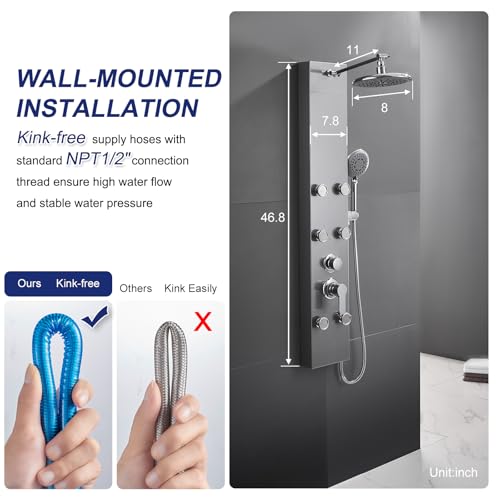 ROVATE Shower Panel Tower System with Adjustable 6 Body Jets, Brushed | Stainless Steel Shower Column with Height Adjustable Shower Arm, Self-Cleaning Rainfall Shower & Handheld, Rough-in Valve - color: Brushed Surface, style: 3-Function