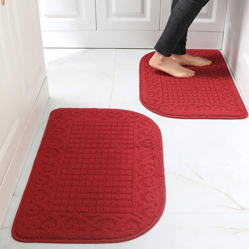 COSYHOMER 27x18 Half Round Kitchen Rug,Non Slip Washable Mat,Burgundy 2PCS | Polypropylene tufted textile,small half circle rug,kitchen sink mat,Kitchen floor mat - color: Burgundy 2pcs, size: 1'6" x 2'3" (Semicircular)