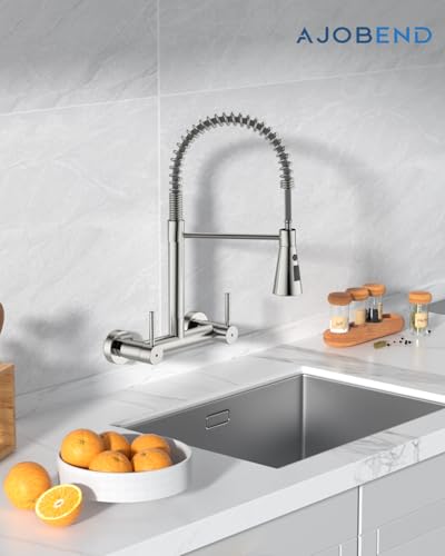 Wall Mount Kitchen Faucet 2 Handles, 8 Inch Center Wall Commercial Utility Sink Faucet with Pull Out Sprayer 3 Modes, Stainless Steel, Brushed Nickel - color: 2-Handle-Nickel, style: Wall Mount
