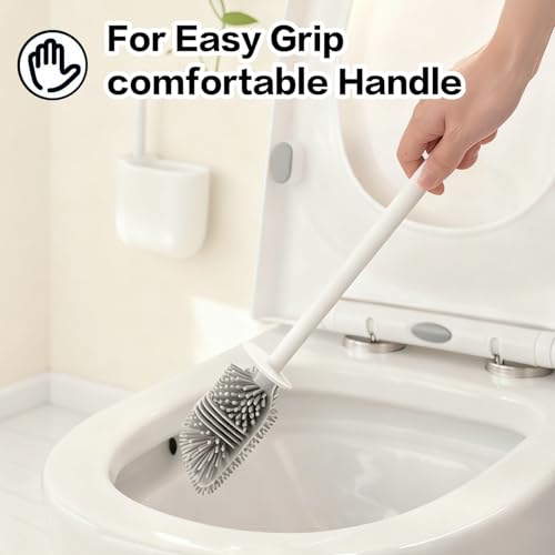 Silicone Toilet Brush Set with Corner Brush & Wall-Mounted Holder, No-Scratch Design with Drainage Holes, Adhesive Installation, White