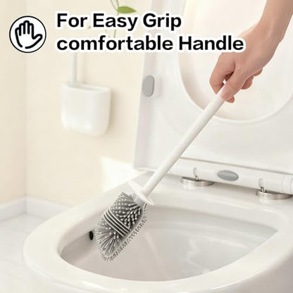 Silicone Toilet Brush Set with Corner Brush & Wall-Mounted Holder, No-Scratch Design with Drainage Holes, Adhesive Installation, White