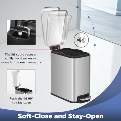 BestOffice Bathroom Trash Can with Lid, 1.3 Gallon Step Pedal Small Trash Can, Stainless Steel Trash Bin for Bathroom, Bedroom, Kitchen, Office (5L) (1 Pack) - color: Stainless Steel