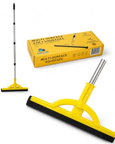 2-in-1 Heavy Duty Floor Squeegee and Water Broom with Telescopic Handle, EVA Foam Blade for Tile, Concrete, Marble, Garage, Patio and Shower Cleaning