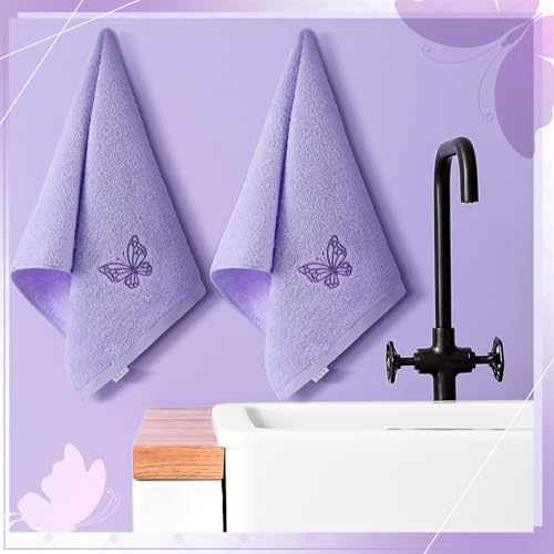 SmoothNovelty 2 Pcs Butterfly Hand Towels Light Purple Bathroom Decor 14x29 Inch Embroidered 100% Cotton Soft Absorbent Spring Summer Washcloths Decorative Hand Towels for Bathroom Kitchen - style: Butterfly