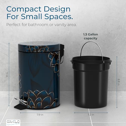 Sanilo Small Bathroom Trash Can with Lid [1.3 Gallon] - Lidded Tiny Trashcan for Garbage - Mini Metal Bin with Soft Closing Mechanism - Bath Room Accessoire Wastebin with Inner Bucket (Dahlia) - color: Dahlia