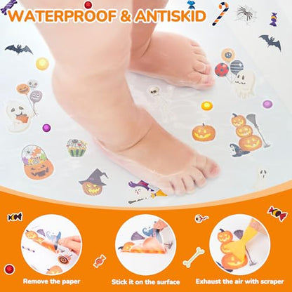 Halloween Non-Slip Bathtub Stickers, White Ghost Black Bat Pumpkin | 6 Pages, Anti-Slip Decals for Kids, With Scraper, Fun & Safe Bathtub Adhesive Appliques - color: Halloween