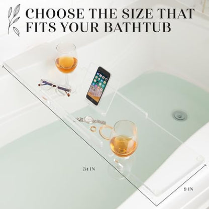34" Supreme Plus- Luxury Bathtub Tray Caddy- 3/8" Thick, Clear Bath Tub Tray Table for 1 or 2 Bathers, Acrylic Bathtub Caddy, iPad and 2 Wine Glass Holders (Supreme Plus, 34") - size: 34" x 9" x 1.5"
