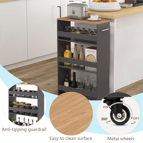 POWERSTONE 4-Tier Slim Storage Cart, Narrow Kitchen Rolling Cart w/Handle & Open Shelves, Skinny Slide Out Utility Organizer Trolley for Kitchen Bathroom Laundry Small Spaces Grey & Natural - color: Grey