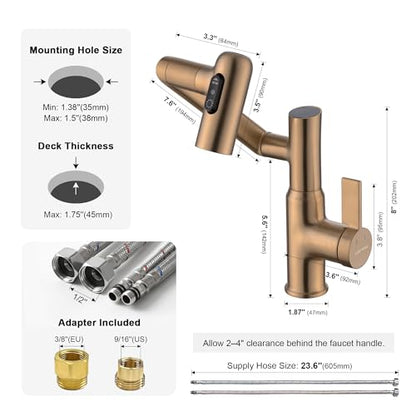 Rotatable Bathroom Faucet with Temperature Display in Fahrenheit (Batteries-Free), 3 Water Outlet Modes, Brushed Copper - color: Brushed Copper