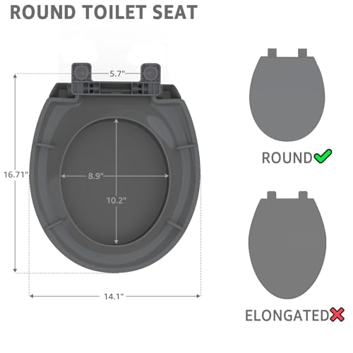 Huttdmel Round Toilet Seat 16.5 Inch, Soft Close, Durable PP Material, Secure Top & Bottom Mount, Never Loosen Hinges, Easy Clean, 2 Years Support, Grey