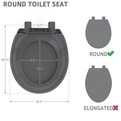 Huttdmel Round Toilet Seat 16.5 Inch, Soft Close, Durable PP Material, Secure Top & Bottom Mount, Never Loosen Hinges, Easy Clean, 2 Years Support, Grey