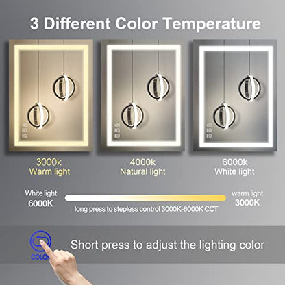 TATU LED Bathroom Mirror,36x28 Inch Bathroom Vanity Mirror Wall Mounted with 3000K-6000K Adjustable, Anti-Fog, Smart Touch Button, Stepless Dimmable Lighted Makeup Mirror, Horizontal/Vertical - size: 28"L x 36"W