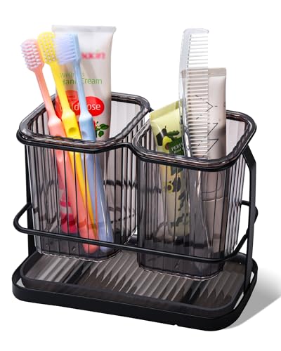 Black Toothbrush Holders for Bathrooms, 2 Cups Toothbrush Holders Wall Mounted, Dry & Wet Separation, Bathroom Organizers and Storage, Bathroom Toothbrush Holder Set for Family Kids - color: Black