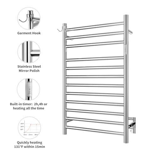 Wall Mounted Towel Warmer 12 Bars with Plug-in and Hardwired Options 3 Working Modes Mirror Polished Stainless Steel 21”W 34”H - color: Mirror Polish