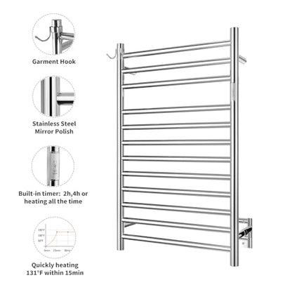 Wall Mounted Towel Warmer 12 Bars with Plug-in and Hardwired Options 3 Working Modes Mirror Polished Stainless Steel 21”W 34”H - color: Mirror Polish