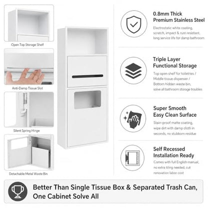 Recessed Toilet Paper Holder, Stainless Steel Shower Nich, Waterproof Bathroom Niche, Built-in Hidden Trash Can Tilt Out Trash Bin Cabinet for Kitchen Living Room Bedroom Hotel Residential (White) - color: White