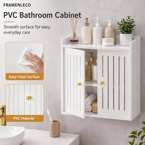 Bathroom Wall Cabinet, Wall Mounted Bathroom Organizer with Double Doors, No Drill PVC Storage Shelf for Toilet, Vanity, Washroom, Sink Area, White Bathroom Cabinet, 15.7 x 7.9 x 15.7 in