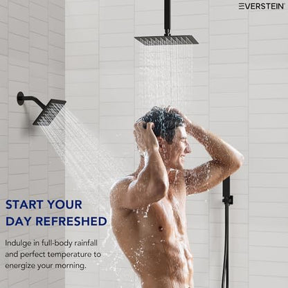 Ceiling Mount 12" High-Pressure Rainfall Shower Faucet, Dual Rainfall Shower Head System with Valve (Matte Black) - color: Black, style: Ceiling Mount