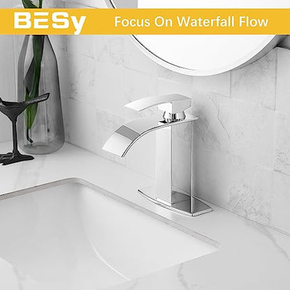 Bathroom Faucet 1 Hole Waterfall Vanity Sink Faucet Polished Chrome | One Hole Bathroom Sink Faucet, Square Single Handle, 6 Inch Deck Plate For 3 Hole, Supply Line, Pop-up Drain,Fits RV Restroom - color: Polished Chrome, style: Short - With Pop Up Drain