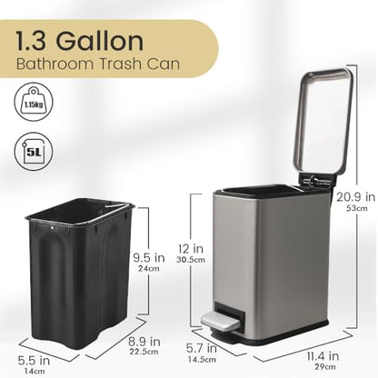 Bathroom Trash Can, Small Trash Can with Lid, Grey Garbage Can | 1.3 Gallon Trash Can with Removable Liner, Soft Close lid & Step Pedal, Stainless Steel Trash Can for Bathroom,Bedroom,Office - color: Grey