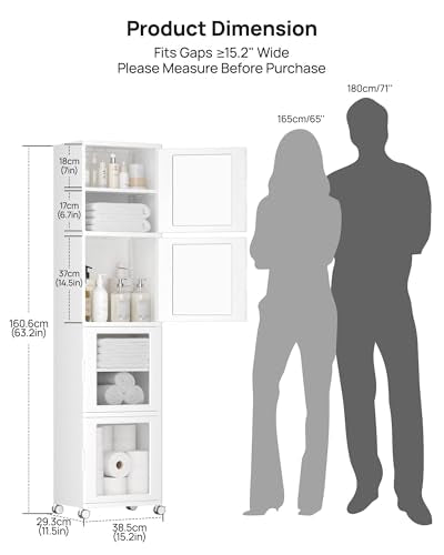 Vtopmart 63.2" Tall Slim Bathroom Storage Cabinet with 4 Adjustable Shelves and 4 Doors, Freestanding Cabinets Organizer with Wheels and Anti-tip for Laundry, Kitchen, Pantry, White