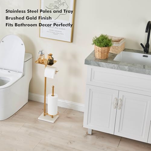 Toilet Paper Holder with Tray At the Top, Sturdy Marble Base No Wobby, Holding Extra 3 Toilet Paper Rolls As Spare Use, Freestanding No Drilling (Gold) - color: Gold