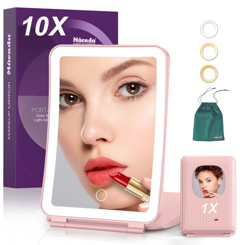 Mocado 10x/1x Magnifying Mirror with Light, Travel Makeup Mirror with Light | Magnetic 10x Magnifying, 3 Colors Light, 0-100% Brightness Adjustable, 2000mAh Rechargeable, Memory Function - color: 10x Magnifying-pink