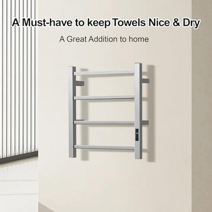 Electric Towel Rack Wall-Mounted Bathroom Heating Towel Warmer,Plug-in,Stainless Steel Material (Square Brushed with Timer, 4 Bar) - color: Square Brushed With Timer, size: 4 Bar