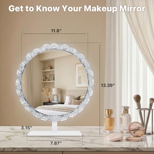 Crystal Vanity Mirror, 11" Silver LED Makeup Mirror, 3CCT Touch | Crystal Vanity Mirror with 2700K/4000K/6500K CCT, 10%-100% Dimming, Touch Control, and Adjustable Angle for Makeup Stations - size: 13.4"L x 11.8"W