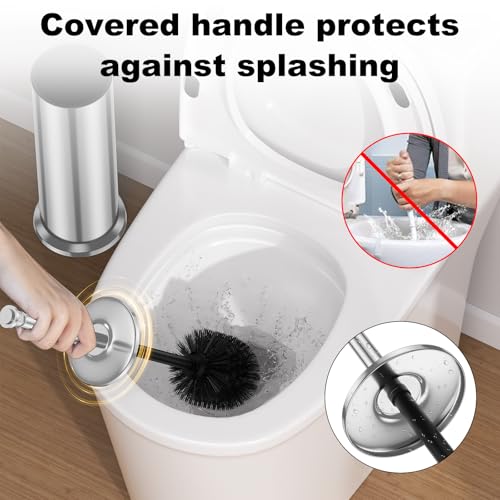Silver Toilet Brush and Holder，Long Handled Gold Toilet Brush for Bathroom，Stainless Steel Heavy Duty Toilet Bowl Brush,Removable Inner Bowl,Deep Cleaning Dense Bristles Cleaner Brush -Space Saving - color: Silver