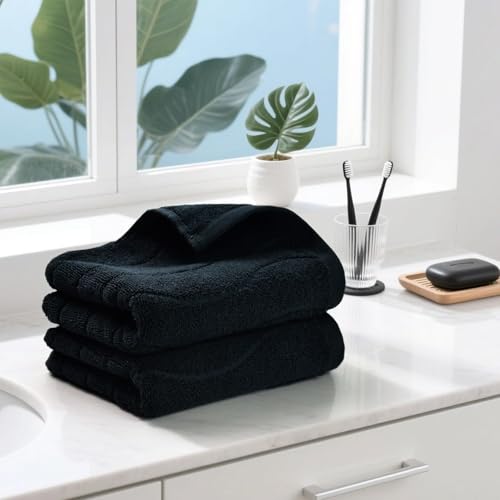 Hand Towels with Wavy Jacquard - Black Face Towels for Bathroom, 2 Piece | Cotton, 13x29 Inches - color: Black