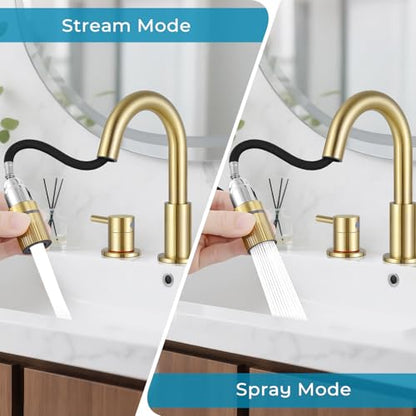 8 Inch Bathroom Faucet 3 Hole Gold Pull Down Bathroom Sink Faucet | Stainless Steel,Two Water Flow Modes,Brushed Nickle,3 hole Widespread,Pop-up Drain,Water Supply Hoses,Pull Down Sprayer, - color: A-Brushed Gold